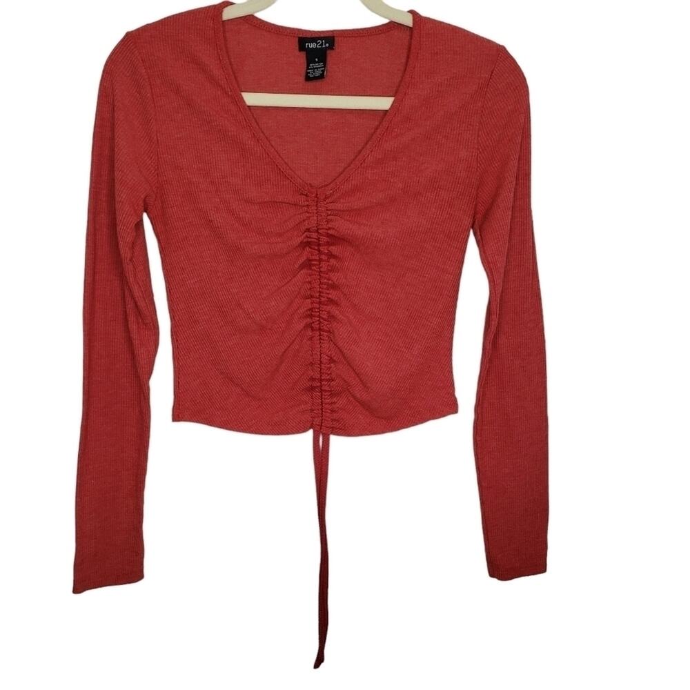 RUE21 V Neck Crop Top with Ruched Front Long Sleeve Heather Red Small